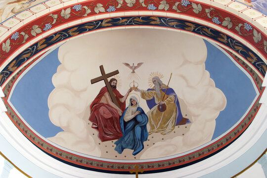 The Holy Trinity crowns the Virgin Mary, fresco on the ceiling in the parish church of the Visitation of the Blessed Virgin Mary in Sandrovac, Croatia