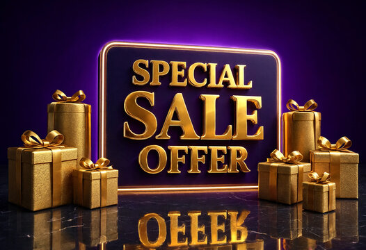 Golden gift boxes with special sale offer sign display