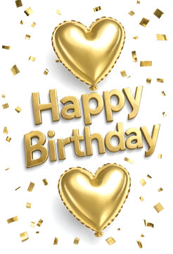 Golden heart balloons with happy birthday text and confetti celebration design