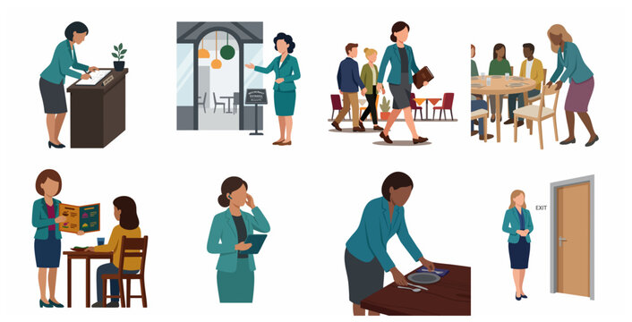 Professional restaurant hospitality staff illustration set with hostesses and waitresses serving customers in flat design style