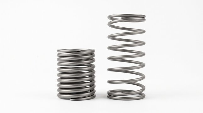 Realistic compressed and stretched metal spring coils for physics and elasticity concept on whiite background