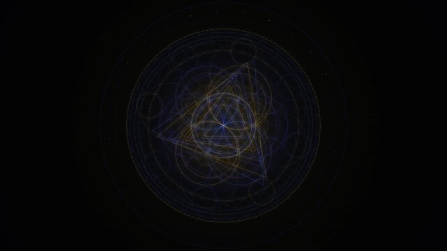 Glowing geometric triangles and circles form an abstract sacred geometry pattern on a black background.