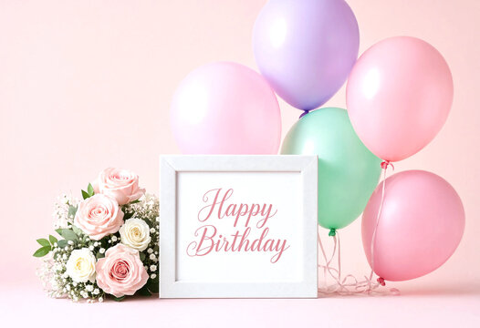 Happy Birthday Card with Balloons and Beautiful Flower Bouquet Arrangement