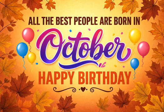 Happy Birthday Greeting Card Design Featuring October Balloons And Autumn Leaves