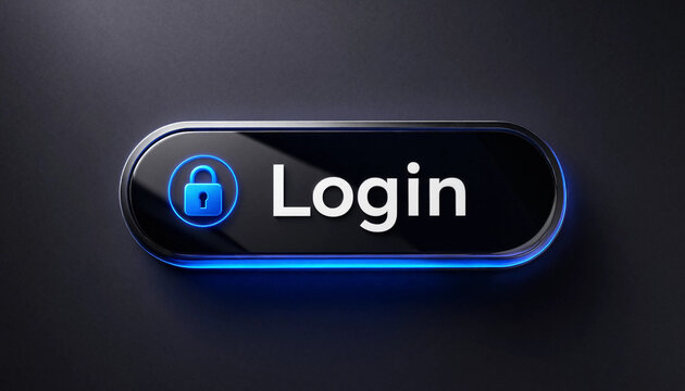 Login button with glowing blue lock icon on dark background representing digital security and user authentication concept