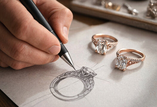 Jewelry Designer Sketching Engagement Ring Designs With Finished Examples Nearby
