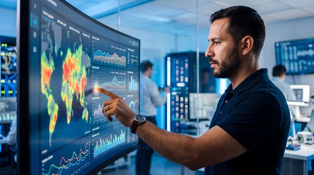 data analyst man touchscreen heatmap analytics monitoring technology office dashboard pointing to a global activity map for cybersecurity response network intelligence and infrastructure campaigns