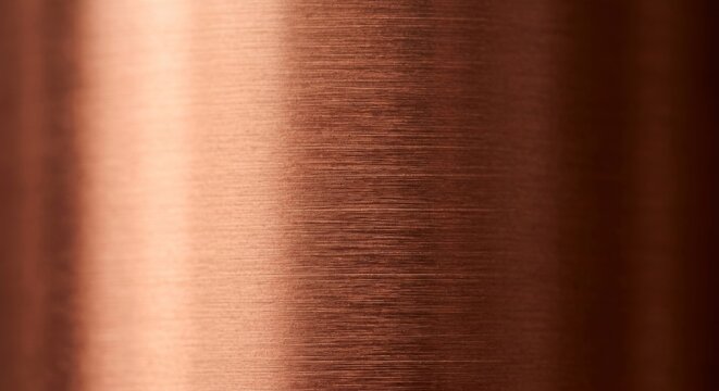 Close-up of brushed copper metal surface with fine horizontal grain lines and a soft reflective highlight on a curved cylinder - warm metallic texture background for luxury and product design