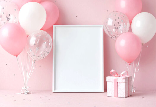Pink and white balloons with gift box celebration setup on light background