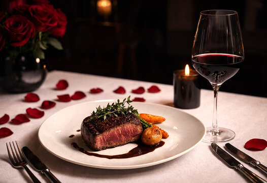 Romantic steak dinner with red wine and rose petals setting