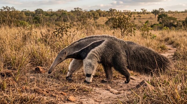 Giant Anteater Walking Through Dry South American Grassland