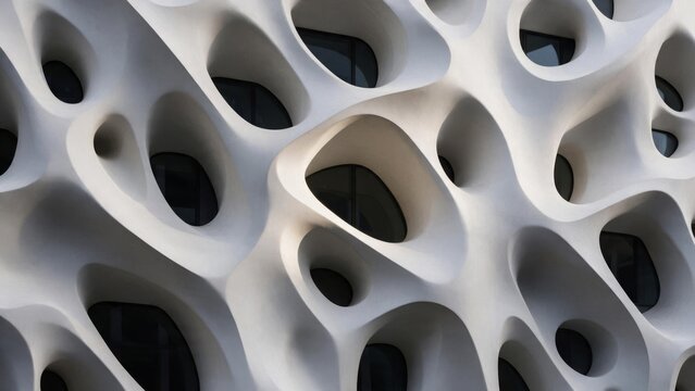 Sculptural white cast concrete facade with fluid organic openings framing dark glass windows, parametric biomorphic pattern in soft daylight - futuristic contemporary architecture detail