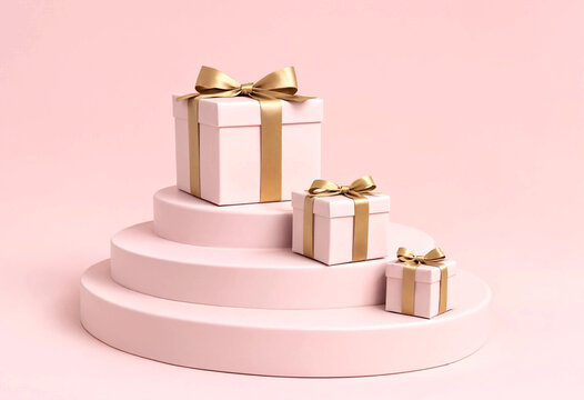 Three elegantly wrapped gift boxes stacked on pastel tiered platform display