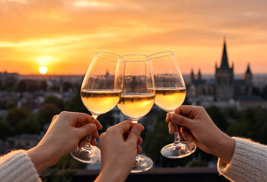 Three people clinking wine glasses during beautiful sunset city view