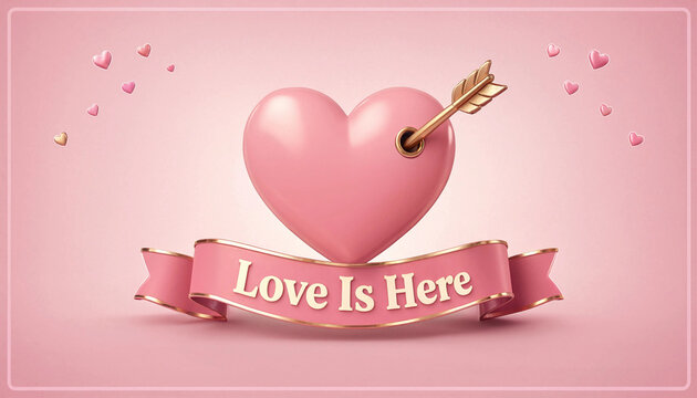 Pink heart pierced by golden arrow with ribbon reading love is here on soft pink background