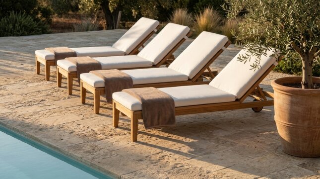 Row of teak sun loungers with cream cushions and brown towels on a travertine pool deck beside an olive tree in a terracotta pot, warm evening light - Mediterranean luxury villa and resort holiday