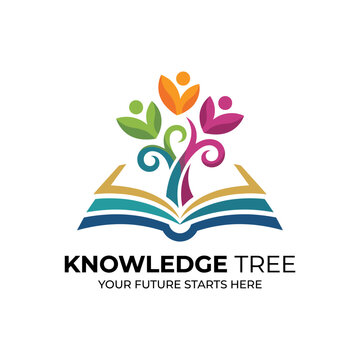 This vibrant logo features a blooming tree emerging from an open book, showcasing the importance of knowledge and education in fostering personal growth and development.