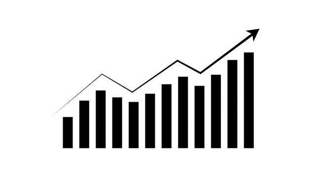 Bar graph animation tracks an upward rising financial trend line. Corporate business revenue success updates on the bar graph animation. Profitable economic investment drives graph.