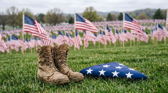 Military boots and a folded american flag placed on grass in a cemetery with many flags for memorial day