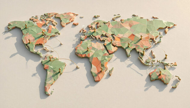 Global connectivity concept with 3D low poly world map and golden pins linked by strings on light background