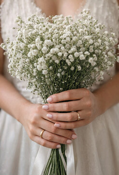 Woman holding elegant white babys breath bouquet for wedding or special event