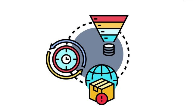 Diagram showing an operational bottleneck process with a funnel concentrating data. A clock with arrows indicating time constraints. And a global package box with an exclamation mark
