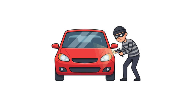 Clever thief stealing headlight from red car in this flat vector graphic style illustration