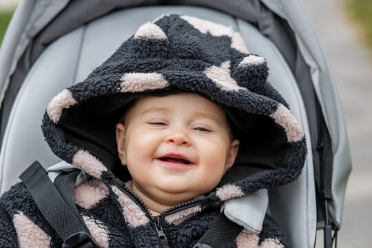 Smiling baby sitting in stroller during outdoor walk