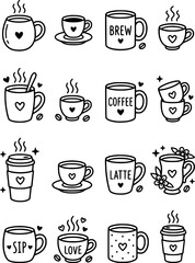 Obraz premium Cute hand drawn coffee cup icons set, black and white hot drink mugs outline line art, cafe beverage vector illustrations