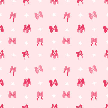 Seamless festive pattern with hand drawn pink ribbons, bows, and gift boxes scattered with stars on a textured mint green background