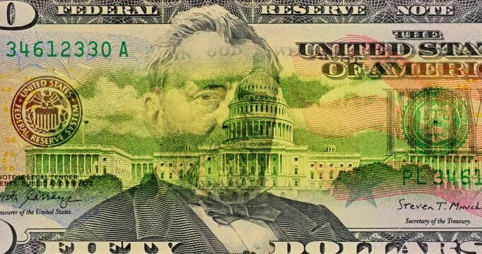 Ulysses Grant Portrait on Fifty Dollar Bill Views. Ulysses Grant portrait appears through changing fifty dollar bill views as scanning examines banknote. Engraved details and security features fill