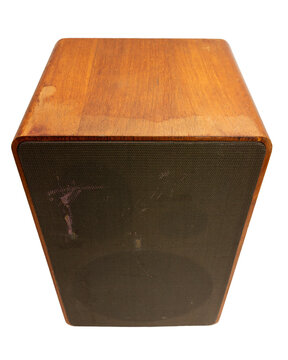 A vintage wooden speaker with a grill isolated on white background. Classic wooden loudspeaker, classic design and potential for high quality sound.