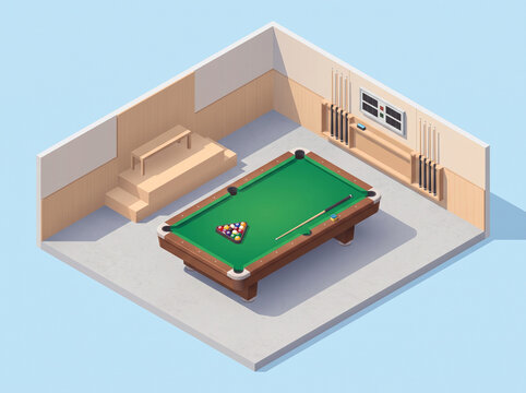 Isometric illustration of a minimalist pool room with billiard table