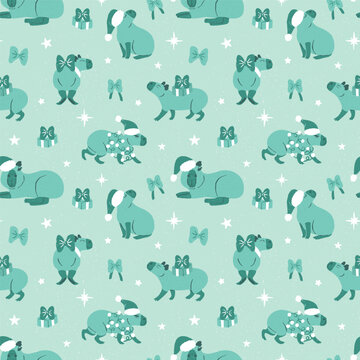 Seamless Christmas pattern with cute monochrome mint green capybaras wearing Santa hats and bows among gifts. Festive vector