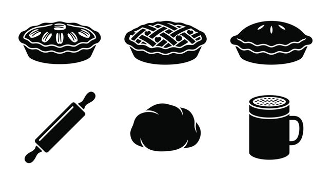 Baking icons with pies rolling pin dough and flour sifter in simple flat vector style