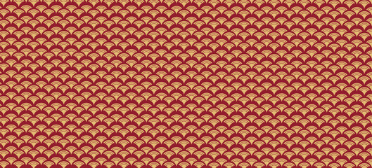 Fototapeta premium Red and Gold Wave Scallop Seamless Pattern – Traditional Chinese Japanese Fan Background Vector Texture