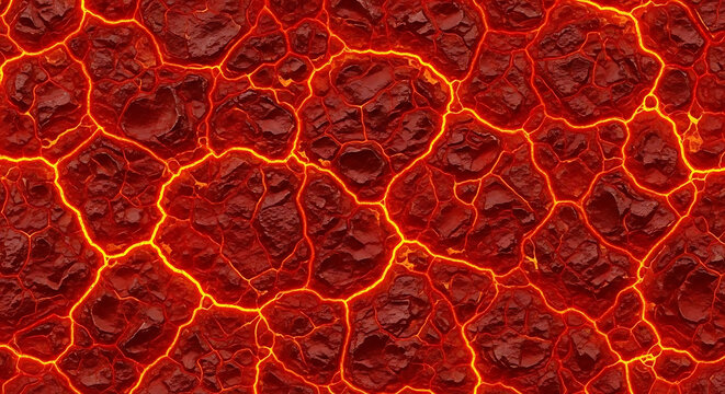 Molten lava flowing between dark cracked volcanic rock fragments forming a glowing textured