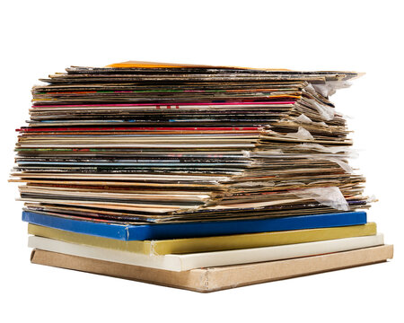 Stack of vintage vinyl records isolated on white background. Collection of old music LPs. Pile of vintage music media.