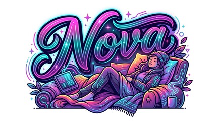 Fototapeta premium Girl Sleeping on Couch with Nova Neon Typography Cyberpunk Style