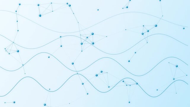 Abstract digital network background, with flowing sine, waves and connected, nodes for technology, and data science concepts