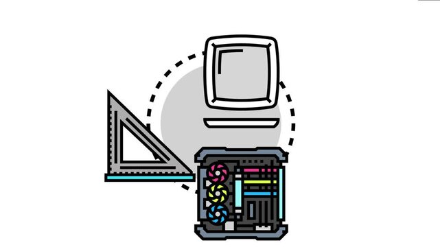 Open square frame placeholder representing design template for user content, with a computer case and a ruler symbolizing development, customization, and creative digital tasks