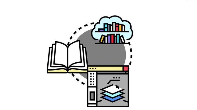 Open book, cloud database, and software window creating a visual metaphor for accessible knowledge, collaborative programming, and shared technological resources
