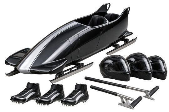 A professional bobsled set with a sleek black bobsled, two helmets, four spiked shoes, and two push bars , transparent background, AI generative