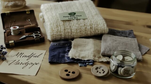 Knitted wool fabric with sewing tools and wooden buttons on a rustic table for creative textile craft and handmade