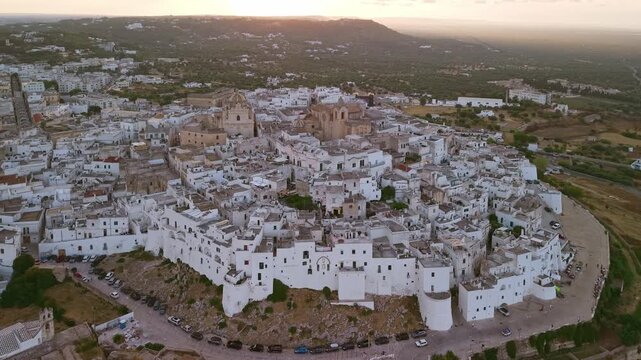 Aerial sunset view of Ostuni the White City, Puglia, Italy