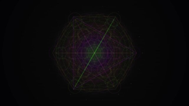 A neon green line traverses an intricate web of multicolored geometric shapes on a black background.