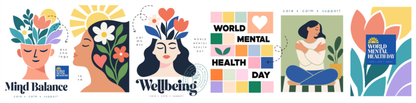 World Mental Health Day vector abstract poster collection with woman, flowers, elements and icons on a transparent background. Wellness design and a greeting card for psychology, awareness, self care 