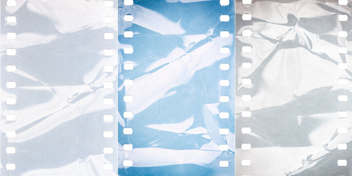 Collection of images with dusty and grungy 35mm film textures or surfaces. Perforated scratched camera film isolated on white background.