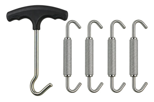 A tent peg puller tool and four tent pegs, isolated against a plain background. The puller has a t-shaped black handle and a metal hook. , transparent background, AI generative