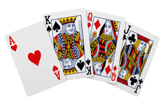Four playing cards, an Ace of Hearts, King of Spades, Queen of Diamonds, and Jack of Clubs, are fanned out on a plain white background , transparent background, AI generative